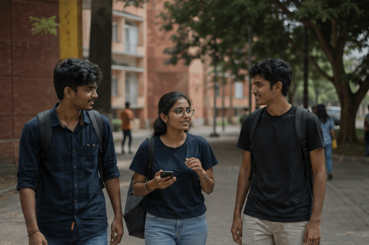 Engineering students walking together on a college campus