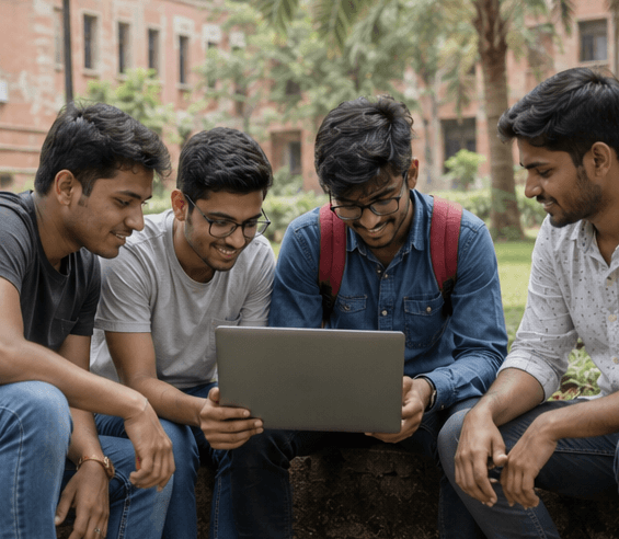 Four engineering students gathered around a laptop on campus